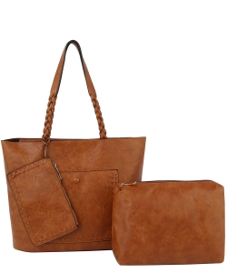 Fashion Whipstitch Pocket 3-in-1 Shopper Set LHU363 BROWN